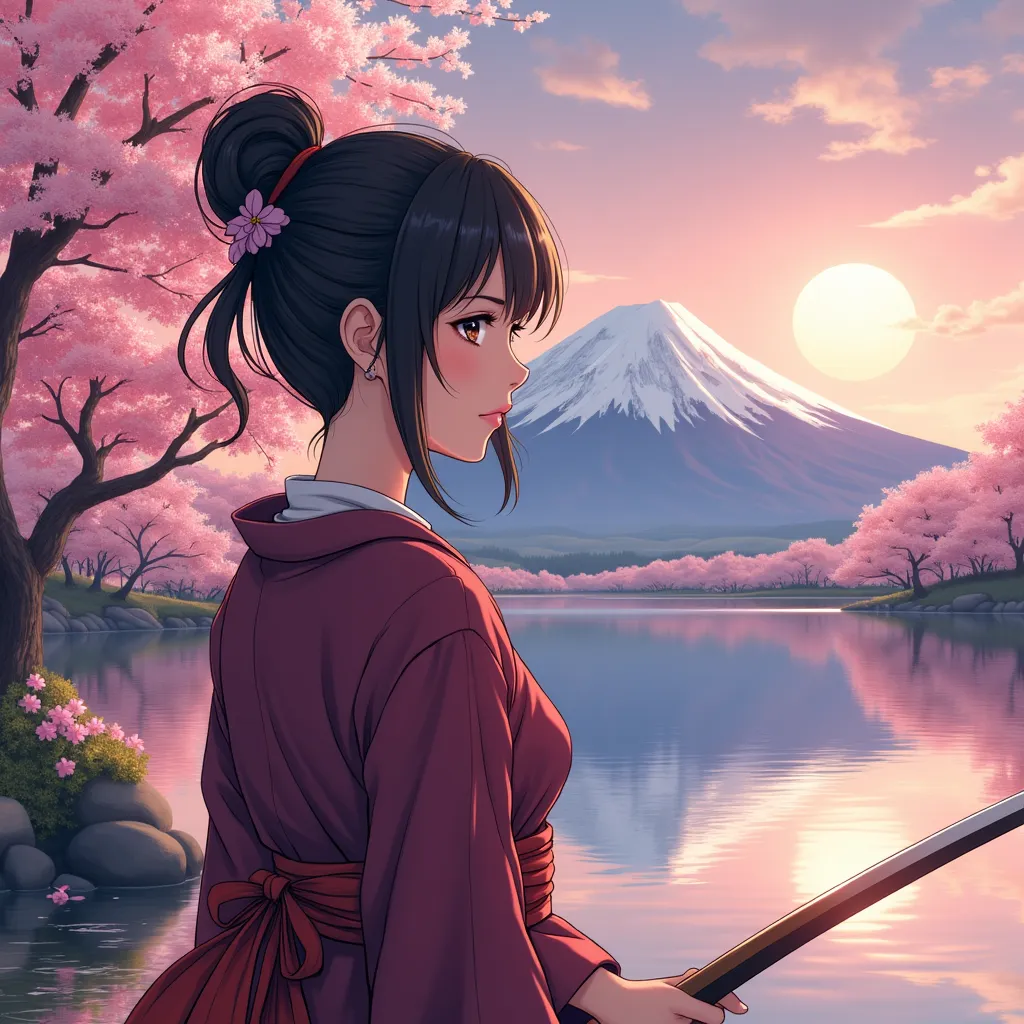 An anime-style portrait of a female samurai at a lake with cherry trees and Mount Fuji in the background at sunset.