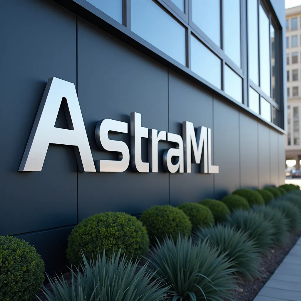 A sign that says 'AstraML' in a futuristic font on the side of a sleek, modern building.