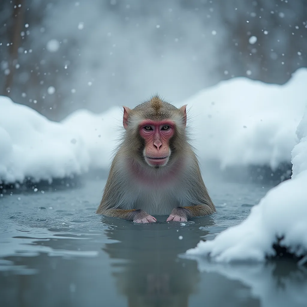 A photorealistic monkey bathing in a hot spring during a snowstorm, with steam rising from the water.